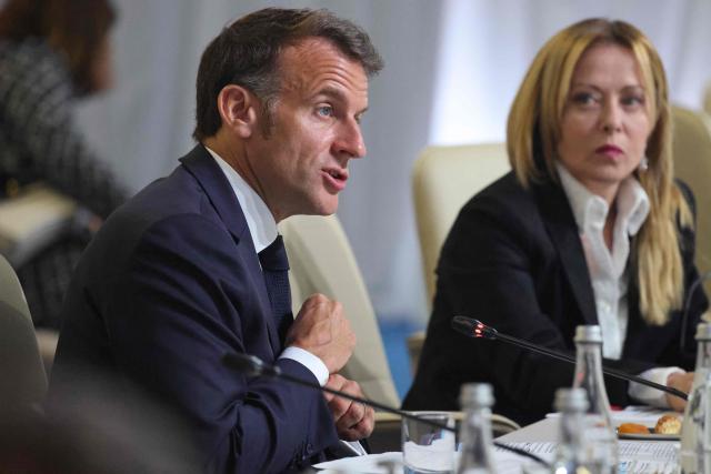 France's President Emmanuel Macron and Italy's Prime Minister Giorgia Meloni chair a meeting of the European Coalition Against Drugs (ECAD) during the 8th European Political Community (EPC) summit in Yerevan on May 4, 2026. (Photo by Ludovic MARIN / AFP)