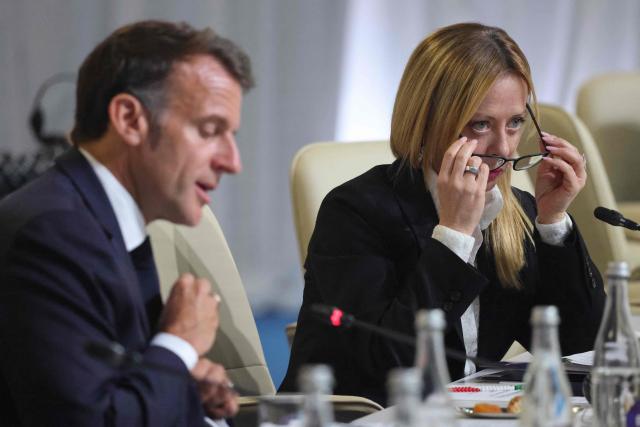 France's President Emmanuel Macron and Italy's Prime Minister Giorgia Meloni chair a meeting of the European Coalition Against Drugs (ECAD) during the 8th European Political Community (EPC) summit in Yerevan on May 4, 2026. (Photo by Ludovic MARIN / AFP)
