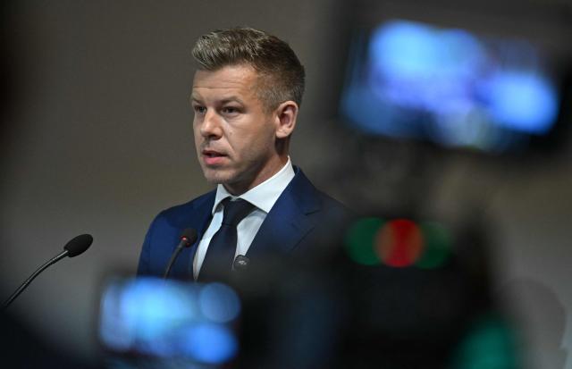 The leader of Hungary's Tisza Party, Prime Minister elect Peter Magyar gives a speech at the grand hall of the Hungarian Academy of Sciences (MTA) in Budapest, Hungary, on May 4, 2026, during celebrations of the institution's 200th anniversary. (Photo by Attila KISBENEDEK / AFP)
