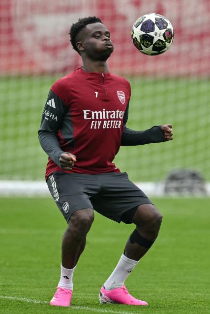 Arsenal's English midfielder #07 Bukayo Saka takes part in a team training session at London Colney, north of London, on May 4, 2026, on the eve of their UEFA Champions League, semi-final, second-leg football match against Atletico Madrid. (Photo by Glyn KIRK / AFP)