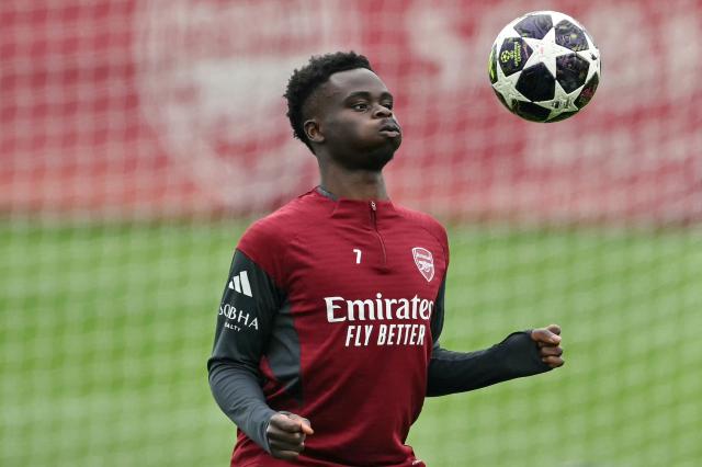 Arsenal's English midfielder #07 Bukayo Saka takes part in a team training session at London Colney, north of London, on May 4, 2026, on the eve of their UEFA Champions League, semi-final, second-leg football match against Atletico Madrid. (Photo by Glyn KIRK / AFP)
