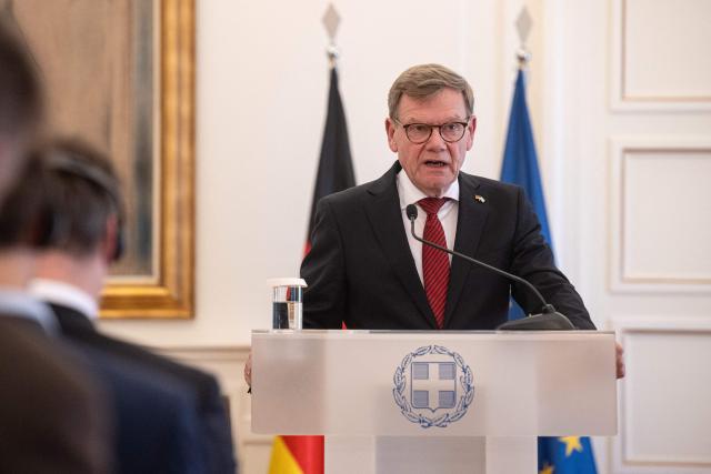 German Foreign Minister Johann Wadephul speaks during a press conference with Greek Foreign Minister at the Ministry of Foreign Affairs in Athens, on May 4, 2026. (Photo by Angelos TZORTZINIS / AFP)