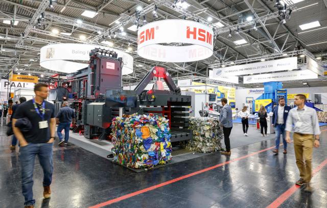 Compacted waste that went through a baling press systems by HSM is seen at the IFAT Munich, a trade fair dedicated to environmental technologies across water, wastewater, waste and resource management, in Munich, southern Germany, on May 4, 2026. According to organisers, more than 3,000 exhibitors from more than 60 countries are presenting their strategies and innovations during the fair running until May 7, 2026. (Photo by Michaela STACHE / AFP)