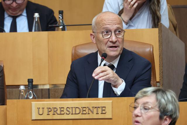 Newly elected President of the Corsican Exective Council Gilles Giovannangeli delivers a speech during his election at the Corsican Assembly in Ajaccio, on the French Mediterranean island of Corsica on May 4, 2026. (Photo by Pascal POCHARD-CASABIANCA / AFP)