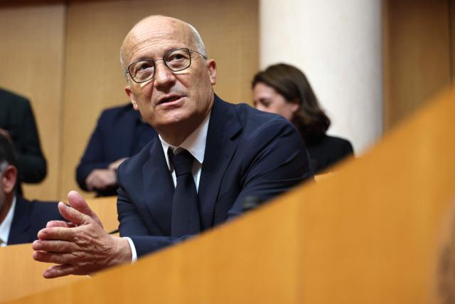 Newly elected President of the Corsican Exective Council Gilles Giovannangeli delivers a speech during his election at the Corsican Assembly in Ajaccio, on the French Mediterranean island of Corsica on May 4, 2026. (Photo by Pascal POCHARD-CASABIANCA / AFP)