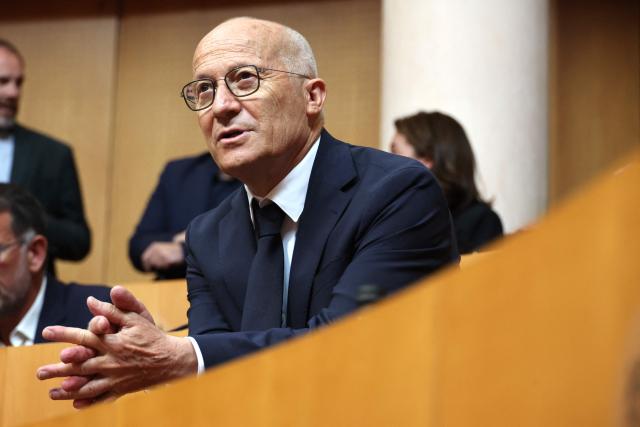 Newly elected President of the Corsican Exective Council Gilles Giovannangeli delivers a speech during his election at the Corsican Assembly in Ajaccio, on the French Mediterranean island of Corsica on May 4, 2026. (Photo by Pascal POCHARD-CASABIANCA / AFP)