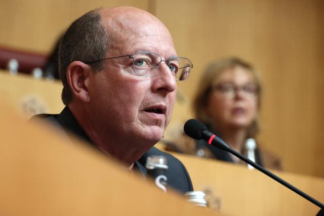 Mayor of Sartene Paul-Felix Benedetti speaks during the election of the Corsican Exective Council's president at the Corsican Assembly in Ajaccio, on the French Mediterranean island of Corsica on May 4, 2026. (Photo by Pascal POCHARD-CASABIANCA / AFP)