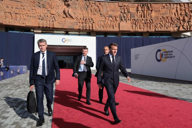 France's President Emmanuel Macron leaves after the 8th European Political Community (EPC) summit in Yerevan on May 4, 2026. (Photo by Ludovic MARIN / AFP)