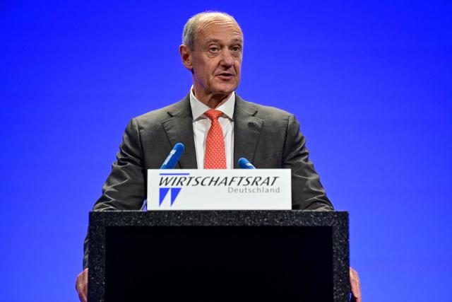 Siemens CEO Roland Busch addresses guests during the economic policy summit (Wirtschaftstag) in Berlin on May 4, 2026. The two-day summit brings together key players from politics and business. (Photo by John MACDOUGALL / AFP)
