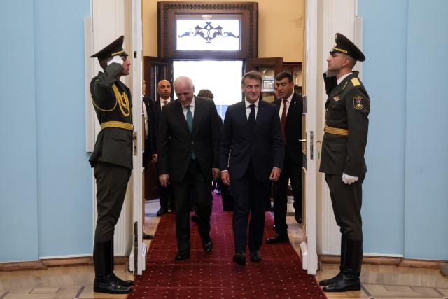 France's President Emmanuel Macron and Armenia's President Vahagn Khachaturyan hold a meeting at the presidential palace in Yerevan on May 4, 2026. (Photo by Ludovic MARIN / AFP)