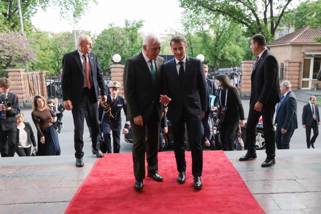 France's President Emmanuel Macron and Armenia's President Vahagn Khachaturyan hold a meeting at the presidential palace in Yerevan on May 4, 2026. (Photo by Ludovic MARIN / AFP)