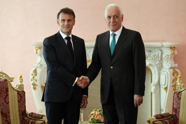 France's President Emmanuel Macron and Armenia's President Vahagn Khachaturyan hold a meeting at the presidential palace in Yerevan on May 4, 2026. (Photo by Ludovic MARIN / AFP)