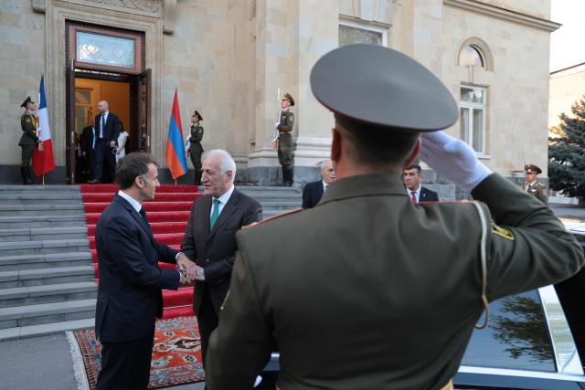 France's President Emmanuel Macron and Armenia's President Vahagn Khachaturyan hold a meeting at the presidential palace in Yerevan on May 4, 2026. (Photo by Ludovic MARIN / AFP)