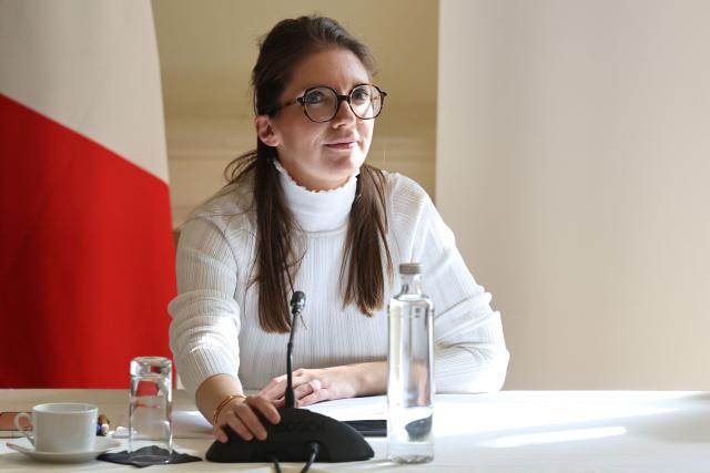 (FILES) France's junior Minister in charge of equality Aurore Berge meets with parliamentary groups ahead of the bill to combat antisemitism, in Paris on April 28, 2026. The investigation by the Court of Justice of the Republic (CJR) into Aurore Berge, who is suspected of having lied under oath about her links to a lobbyist for private nurseries, has been concluded without the minister being charged, the public prosecutor’s office confirmed on May 4, 2026. (Photo by Ludovic MARIN / AFP)