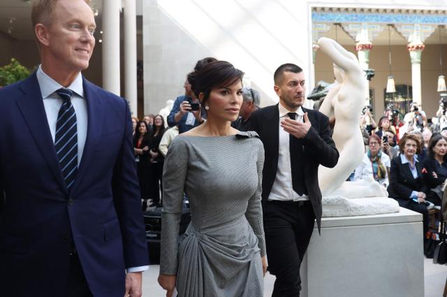 Met Gala honorary chair Lauren Sanchez Bezos arrives for a press conference during the press preview of the 2026 Met Gala celebrating "Costume Art" at the Metropolitan Museum of Art in New York City on May 4, 2026. Jeff Bezos and his wife Lauren Sanchez Bezos are lead sponsors and honorary co-chairs of the high-profile fundraising event which draws A-listers across entertainment, sport, fashion and business. (Photo by TIMOTHY A. CLARY / AFP)
