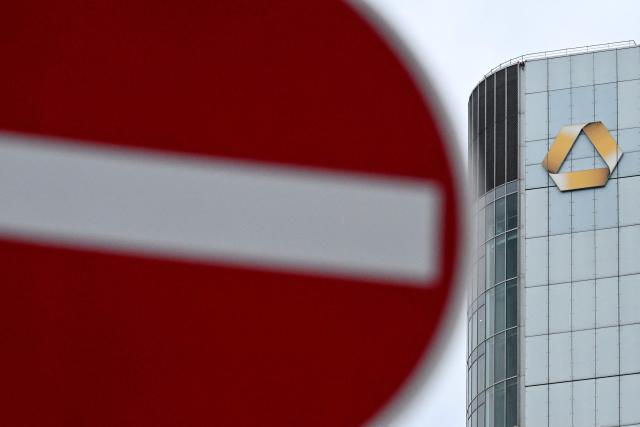 Commerzbank's logo is pictured on the Commerzbank building in the banking district in Frankfurt am Main, western Germany, on May 4, 2026. German lender Commerzbank bank will announce its first-quarter financial results on May 8, 2026. (Photo by Kirill KUDRYAVTSEV / AFP)