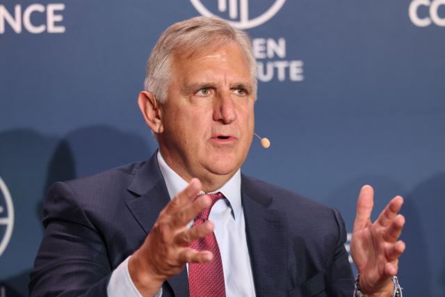 Amgen CEO Robert Bradway speaks during the 29th annual Milken Institute Global Conference at the Beverly Hilton in Beverly Hills, California on May 4, 2025. (Photo by Patrick T. Fallon / AFP)