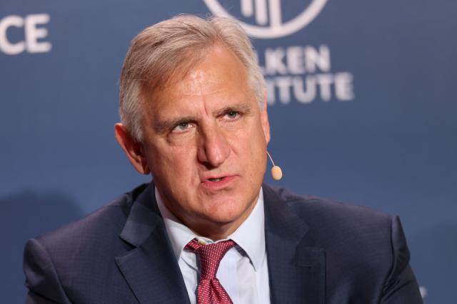 Amgen CEO Robert Bradway speaks during the 29th annual Milken Institute Global Conference at the Beverly Hilton in Beverly Hills, California on May 4, 2025. (Photo by Patrick T. Fallon / AFP)
