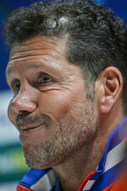Atletico Madrid's Argentine coach Diego Simeone attends a press conference at Emirates Stadium in London on May 4, 2026, on the eve of their UEFA Champions League league semifinal, second-leg football match against Arsenal.  (Photo by Glyn KIRK / AFP)