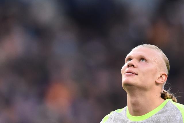 Manchester City's Norwegian forward #9 Erling Haaland reacts during the Premier League football match between Everton and Manchester City at the Hill Dickinson Stadium in Liverpool on May 4, 2026. (Photo by PETER POWELL / AFP)