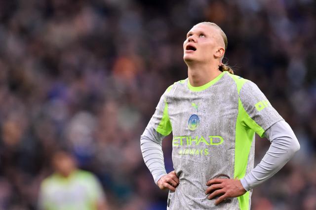 Manchester City's Norwegian forward #9 Erling Haaland reacts during the Premier League football match between Everton and Manchester City at the Hill Dickinson Stadium in Liverpool on May 4, 2026. (Photo by PETER POWELL / AFP)