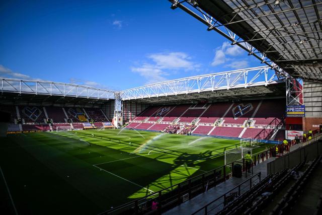 This general view shows the pitch before the start of the Scottish Premiership football match between Hearts and Rangers at Tynecastle Stadium in Edinburgh on May 4, 2026. Hearts are hoping to become the first club other than Celtic and Rangers to win the Scottish crown since Aberdeen in 1985. (Photo by ANDY BUCHANAN / AFP)