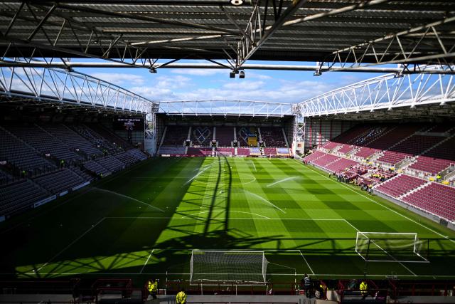 This general view shows the pitch before the start of the Scottish Premiership football match between Hearts and Rangers at Tynecastle Stadium in Edinburgh on May 4, 2026. Hearts are hoping to become the first club other than Celtic and Rangers to win the Scottish crown since Aberdeen in 1985. (Photo by ANDY BUCHANAN / AFP)
