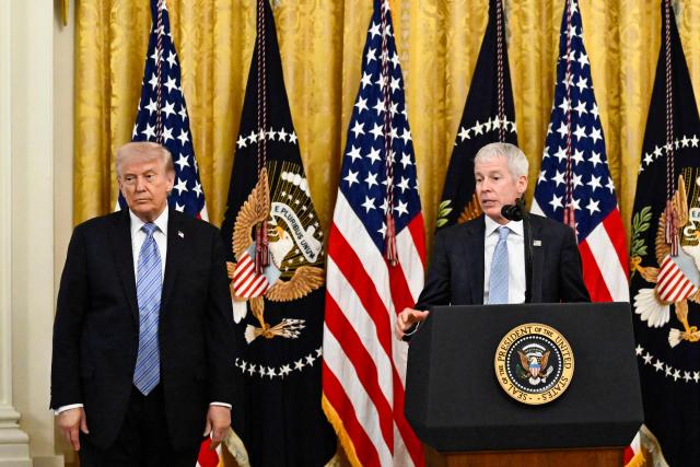 US President Donald Trump listens to US Secretary of Energy Chris Wright during a Small Business Summit in the East Room of the White House in Washington, DC on May 4, 2026. (Photo by Kent NISHIMURA / AFP)