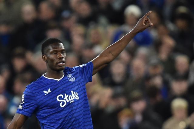 Everton's French striker #11 Thierno Barry celebrates after scoring a goal during the English Premier League football match between Everton and Manchester City at Hill Dickinson Stadium in Liverpool on May 4, 2026. (Photo by PETER POWELL / AFP)
