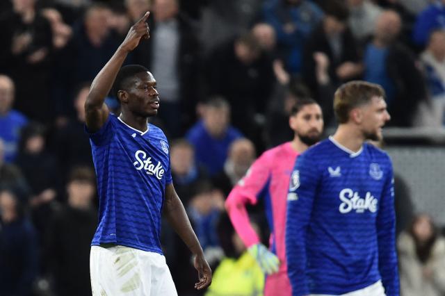 Everton's French striker #11 Thierno Barry celebrates scoring his team's third goal during the English Premier League football match between Everton and Manchester City at Hill Dickinson Stadium in Liverpool on May 4, 2026. (Photo by PETER POWELL / AFP)
