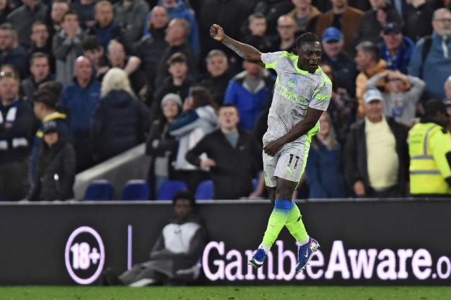 Manchester City's Belgian midfielder #11 Jeremy Doku celebrates scoring the equalizer during the English Premier League football match between Everton and Manchester City at Hill Dickinson Stadium in Liverpool on May 4, 2026. (Photo by PETER POWELL / AFP)