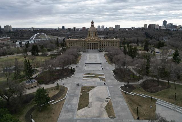 This aerial view shows the Alberta provincial legislature in Edmonton, Canada, on May 3, 2026. Separatists who want oil-rich Alberta to break away from Canada head to the provincial capital Edmonton on May 4, 2026 to submit a petition that they say has enough signatures to force a referendum. The pro-independence camp in the western province of five million people had existed on the margins for decades, but the movement has gathered pace in recent months and is closer than ever to triggering a vote. (Photo by Daphné LEMELIN / AFP)