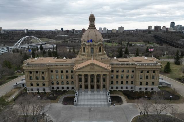 This aerial view shows the Alberta provincial legislature in Edmonton, Canada, on May 3, 2026. Separatists who want oil-rich Alberta to break away from Canada head to the provincial capital Edmonton on May 4, 2026 to submit a petition that they say has enough signatures to force a referendum. The pro-independence camp in the western province of five million people had existed on the margins for decades, but the movement has gathered pace in recent months and is closer than ever to triggering a vote. (Photo by Daphné LEMELIN / AFP)