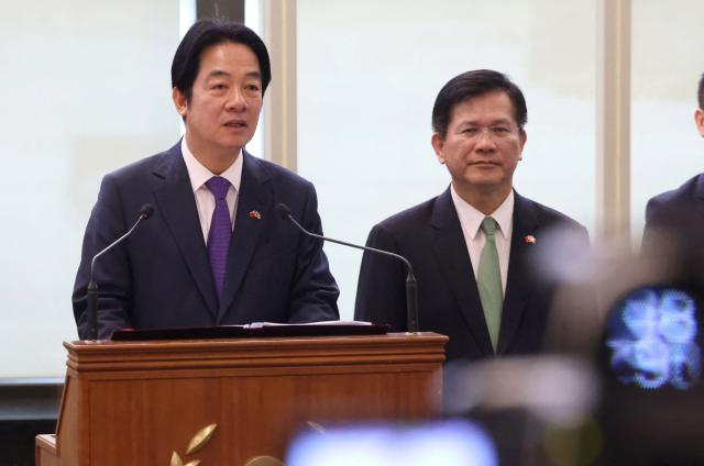 Taiwan President Lai Ching-te delivers a short speech at Taiwan Taoyuan International Airport following his visit to Eswatini, in Taoyuan on May 5, 2026. (Photo by I-Hwa Cheng / AFP)