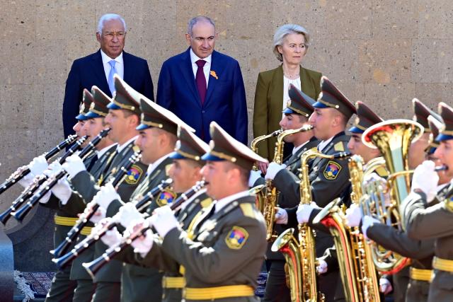 Armenia's Prime Minister Nikol Pashinyan, European Commission President Ursula von der Leyen and European Council President Antonio Costa attend the Armenia-European Union summit in Yerevan on May 5, 2026. (Photo by KAREN MINASYAN / AFP)