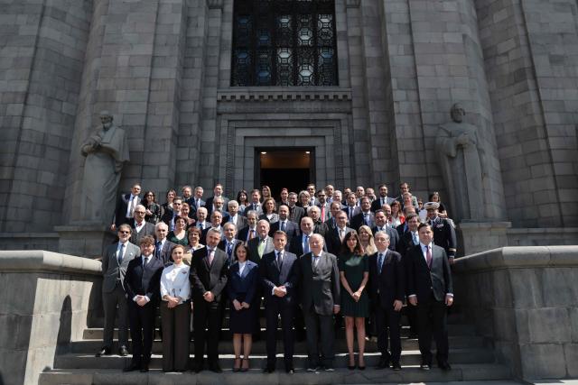 France's President Emmanuel Macron visits the Matenadaran museum, Armenia's cultural institution which houses the vast collection of ancient manuscripts, in Yerevan on May 5, 2026. (Photo by Ludovic MARIN / AFP)