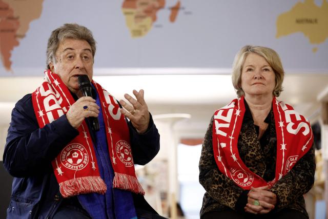 Sylvie Godard and Francis Godard (L), mother and stepfather of jailed French sports journalist Christophe Gleizes, give a press conference in Paris on May 5, 2026. Gleizes was arrested in May 2024 and sentenced to seven years in prison in Algeria while travelling to northeastern Algeria's Kabylia region to write about the country's most decorated football club, Jeunesse Sportive de Kabylie. (Photo by Kenzo TRIBOUILLARD / AFP)