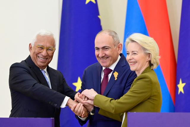 Armenia's Prime Minister Nikol Pashinyan, European Commission President Ursula von der Leyen and European Council President Antonio Costa shake hands during a press conference at the Armenia-European Union summit in Yerevan on May 5, 2026. (Photo by KAREN MINASYAN / AFP)