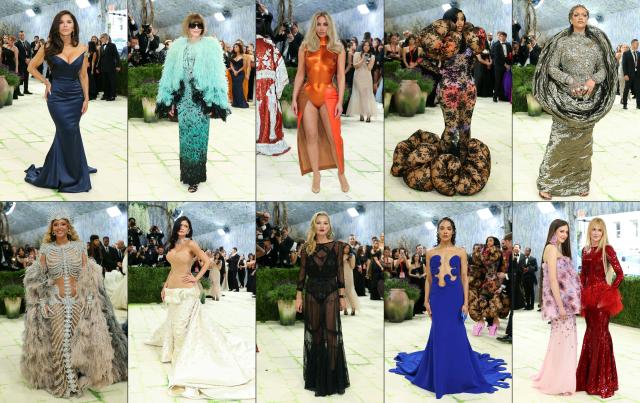 (COMBO) This combination of pictures created on May 5, 2026 shows (L to R, top to bottom) US media personality and entrepreneur Lauren Sanchez Bezos, British-US fashion editor Anna Wintour, US reality TV personality Kim Kardashian, US rapper Cardi B, Barbadian singer Rihanna, US musician Beyonce, US entrepreneur Kylie Jenner, British model Kate Moss, US actress Tessa Thompson, US model Sunday Rose Kidman Urban and Australian-US actress Nicole Kidman arriving for the 2026 Met Gala to celebrate "Costume Art" at the Metropolitan Museum of Art on May 4, 2026, in New York. (Photo by ANGELA WEISS / AFP)