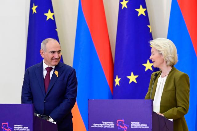 Armenia's Prime Minister Nikol Pashinyan and European Commission President Ursula von der Leyen attend a press conference with European Council President during the Armenia-European Union summit in Yerevan on May 5, 2026. (Photo by KAREN MINASYAN / AFP)