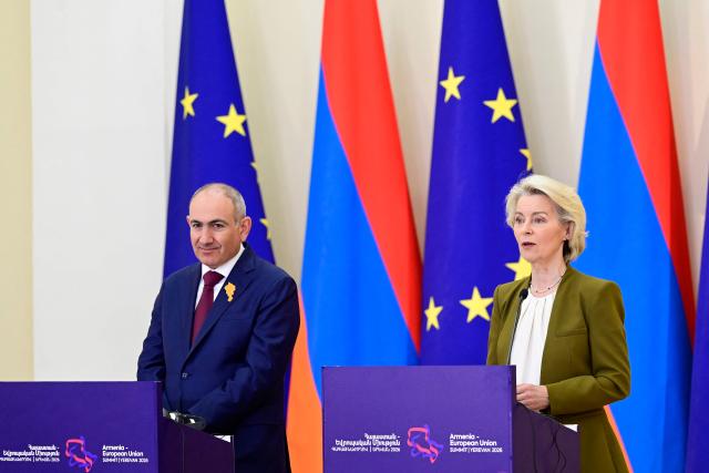 Armenia's Prime Minister Nikol Pashinyan and European Commission President Ursula von der Leyen attend a press conference with European Council President during the Armenia-European Union summit in Yerevan on May 5, 2026. (Photo by KAREN MINASYAN / AFP)