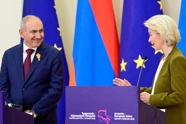 Armenia's Prime Minister Nikol Pashinyan and European Commission President Ursula von der Leyen attend a press conference with European Council President during the Armenia-European Union summit in Yerevan on May 5, 2026. (Photo by KAREN MINASYAN / AFP)