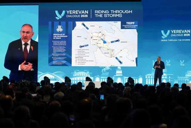 Armenia's Prime Minister Nikol Pashinyan speaks on stage during the Yerevan Dialogue 2026 forum in Yerevan on May 5, 2026. (Photo by Ludovic MARIN / AFP)