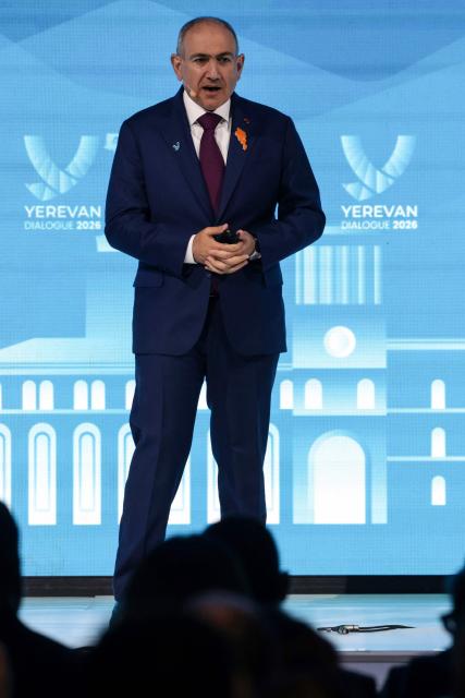 Armenia's Prime Minister Nikol Pashinyan speaks on stage during the Yerevan Dialogue 2026 forum in Yerevan on May 5, 2026. (Photo by Ludovic MARIN / AFP)
