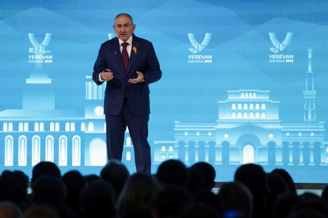 Armenia's Prime Minister Nikol Pashinyan speaks on stage during the Yerevan Dialogue 2026 forum in Yerevan on May 5, 2026. (Photo by Ludovic MARIN / AFP)