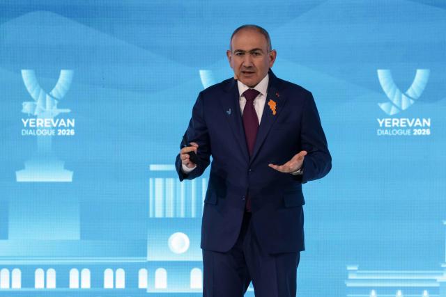 Armenia's Prime Minister Nikol Pashinyan speaks on stage during the Yerevan Dialogue 2026 forum in Yerevan on May 5, 2026. (Photo by Ludovic MARIN / AFP)