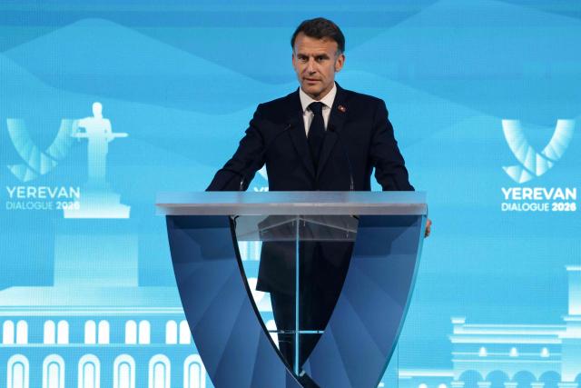 France's President Emmanuel Macron speaks on stage during the Yerevan Dialogue 2026 forum in Yerevan on May 5, 2026. (Photo by Ludovic MARIN / AFP)