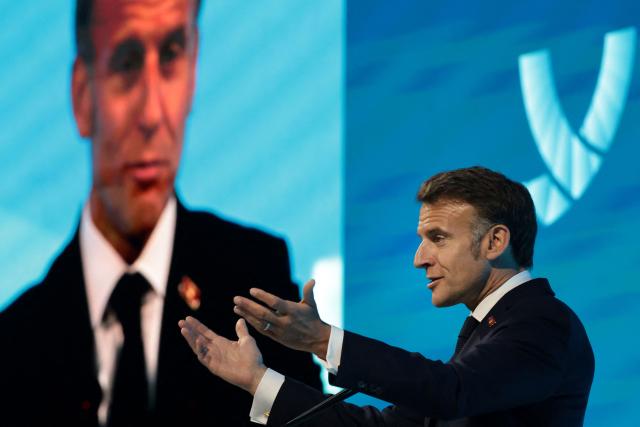 France's President Emmanuel Macron speaks on stage during the Yerevan Dialogue 2026 forum in Yerevan on May 5, 2026. (Photo by Ludovic MARIN / AFP)