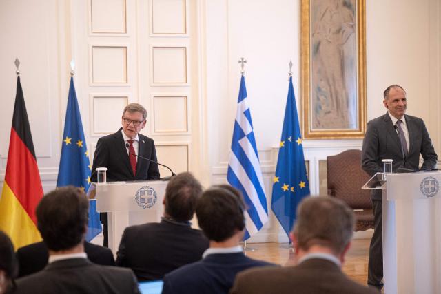 German Foreign Minister Johann Wadephul (L) speaks next to Greek Foreign Minister George Gerapetritis during a press conference at the Ministry of Foreign Affairs in Athens, on May 4, 2026. (Photo by Angelos TZORTZINIS / AFP)
