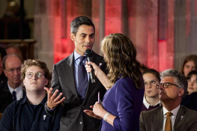 Dutch Prime Minister Rob Jetten speaks at the National Liberation Day ceremony, held at the Academy building in Utrecht on May 5, 2026 to mark the end of the German occupation in 1945. (Photo by Freek van den Bergh / ANP / AFP) / Netherlands OUT